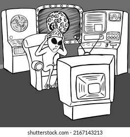 Scared alien with a foil cap watching tv in cabin of his spaceship. In the cabin there is a porthole with the planet (earth?) and a complex remote with screens. Black and white vector illustration.