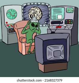 Scared alien with a foil cap watching tv in cabin of his spaceship. In the cabin there is a porthole with the planet (earth?) and a complex remote with screens. 