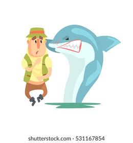 Scared Amateur Fisherman In Khaki Clothes Meeting A Shark Cartoon Vector Character And His Hobby Illustration