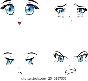 Scared anime face isolated on a white background manga style vector illustration