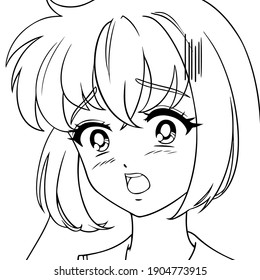 Scared anime girl. Icon portrait. Contour vector illustration. Black lines isolated on white.