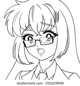 Scared anime girl Wearing glasses. . Icon portrait. Contour vector illustration. Black lines isolated on white background 