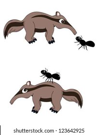 a scared ant and a dancing ant with an anteater