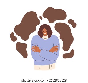 Scared anxious woman in stress and fear. Worried nervous afraid person suffering from panic attack, anxiety, phobias. Psychology trauma concept. Flat vector illustration isolated on white background