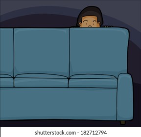 Scared Asian child peeking from behind sofa