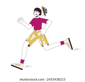 Scared asian female tourist running 2D linear cartoon character. Japanese woman in danger on safari isolated line vector person white background. Dangerous situation color flat spot illustration
