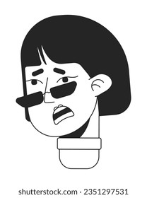 Scared asian woman in sunglasses monochrome flat linear character head. Editable outline hand drawn human face icon. 2D cartoon spot vector avatar illustration for animation