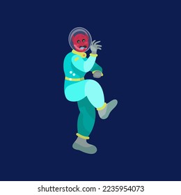 Scared astronaut on dark blue background. Alien character in space suit cartoon illustration. Futuristic, UFO concept