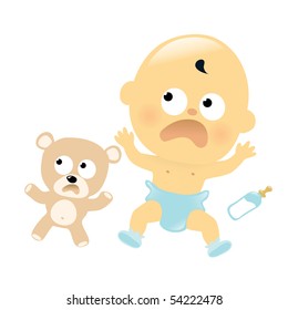 Scared baby and teddy bear