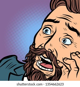 Scared bearded hipster man, fear and horror. face close-up. Comic cartoon pop art retro vector illustration hand drawing