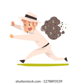 Scared beekeeper running away from swarm of bees, apiculture and beekeeping concept vector Illustration