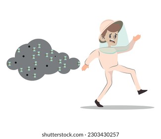 Scared beekeeper running away from swarm of bees, apiculture and beekeeping concept vector Illustration.