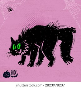 Scared black cat Halloween theme. Hand drawn illustration of a scruffy black cat with large expressive eyes. Vector illustration Funny Halloween black cat cartoon. Doodle sketch style. Cute cat.