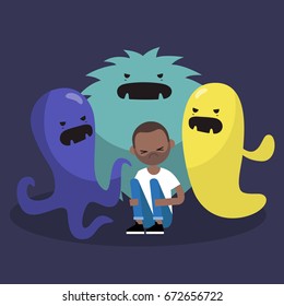 Scared black character surrounded by ugly monsters / flat editable vector illustration, clip art