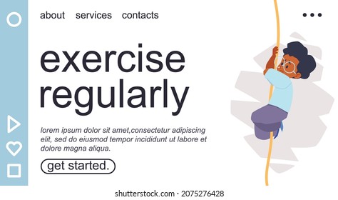 Scared black kid climbing rope at PE class at school. Vector landing for website page about school physical education.