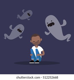 Scared black man surrounded by ghosts / flat editable illustration