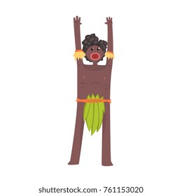 Scared black skinned man aborigine stands with hands up