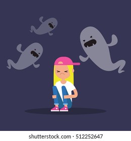 Scared blond girl surrounded by ghosts / flat editable illustration