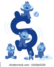 Scared blue babies on a big shaking Dollar sign on white background. Poor parents. Future of the American citizens and their money. Crisis and unstable currency fears. Cartoon vector Illustration.
