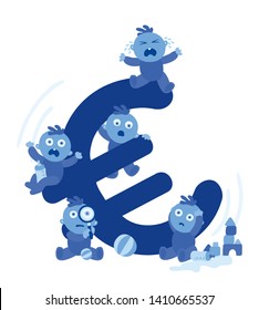 Scared blue babies on a big shaking Euro (EUR) sign on white background. Little kids investition ruined. Future of the European Union money. Crisis and unstable currency. Cartoon vector Illustration.