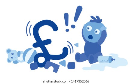 Scared blue baby boy and big shaking British Pound sign on white background. Brexit problems and cost. Unstable future of the money, currency drop metaphor. Cartoon child character vector Illustration