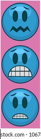 Scared blue emoji with pink background. Three icons