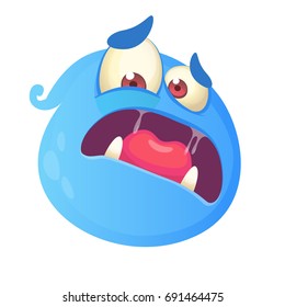 Scared blue monster cartoon face avatar. Vector illustration of blue ghost mascot. Halloween design