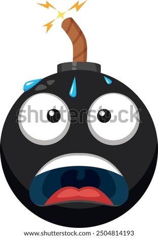 Scared bomb cartoon emoji. Comic black ball with burning cord