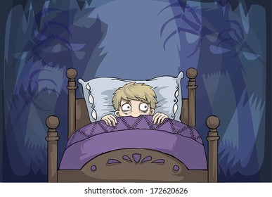 Scared Boy In Bed Having Nightmares, Vector Illustration