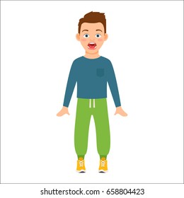 Scared boy in blue shirt isolated vector illustration on white background