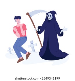 Scared boy with grim reaper, flat illustration 