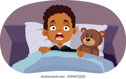 
Scared Boy Having a Nightmare Vector Cartoon illustration. Fearful child having night phobia of darkness and sleeping alone 
