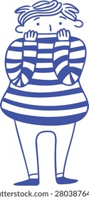 Scared boy hiding behind striped sweater doodle illustration