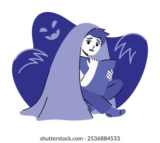 Scared boy hiding under blanket from monster. Flat vector illustration of a kid with bad dream. Childhood nightmares, afraid of the dark concept. Minimalist drawing for advertising, web, article.  