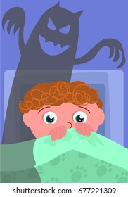 Scared Boy In His Bed With Evil Shadow, Cartoon Vector Illustration