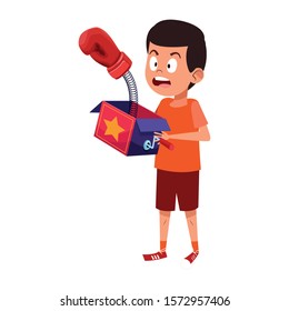 scared boy with joke box icon over white background, vector illustration