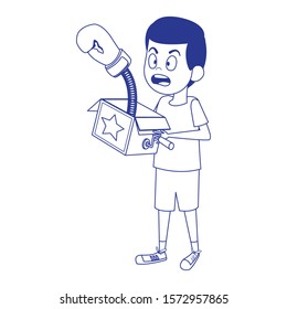 scared boy with joke box icon over white background, vector illustration