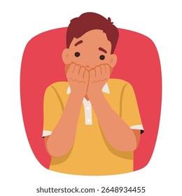 Scared boy little child cartoon character covering mouth restraining himself from screaming bubble portrait design. Nervous panicked male preschool kid feeling emotional stress vector illustration