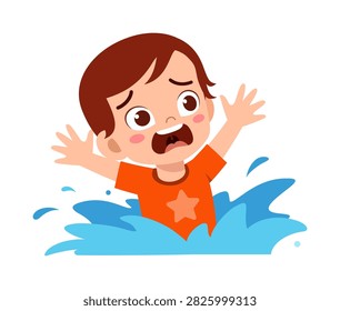 A scared boy panicking and struggling in water with his hands raised calling for help illustration