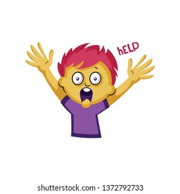 Scared boy with pink hair waving for help vector illustration on a white background