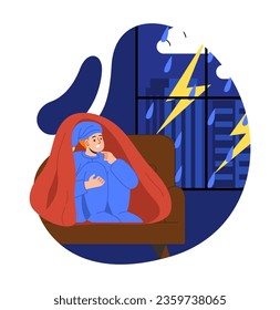 Scared boy with rain concept. Kid and child hiding under blanket from lightnings and drops. Mental issues and psychological problems. Poster or banner. Cartoon flat vector illustration