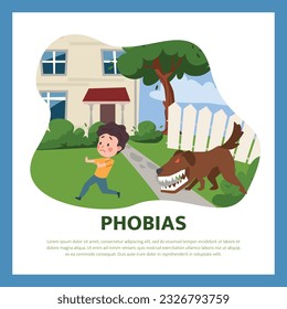 Scared boy running from angry dog, children phobias poster - flat vector illustration. Dog with big teeth attacking child. Frightened kid running away.
