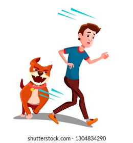 Scared Boy Runs Away From The Dog Vector. Isolated Illustration