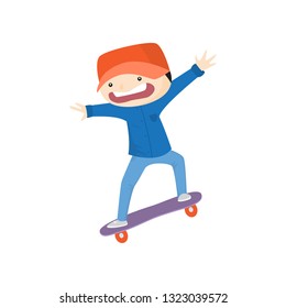 Scared boy skateboarding down from hill isolated on white background