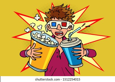 scared boy in stereo glasses at the cinema with popcorn and cola. Comic cartoon pop art retro vector illustration drawing