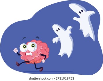 
Cérebro Assustado Fugindo da Ilustração de Vetor de Fantasmas Passados. Mente supersticiosa em estado de pânico o tempo todo por medo
