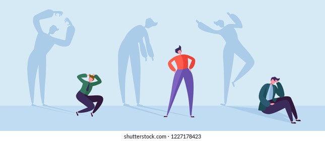 Scared Business People with Stressed Shadows. Male Characters with Silhouettes of Stressful Man. Depression, Stress, Frustration Concept. Vector illustration