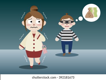 scared business woman is followed by thief cartoon vector