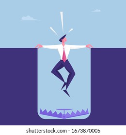 Scared Businessman Character Hanging above Deep Hole with Trap on Bottom. Business Man Character Survive in Crisis, Bank Demand Debt from Client, Doubtful Transaction. Cartoon Vector Illustration