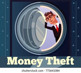 Scared businessman character look in empty safe. Money theft. Vector cartoon illustration